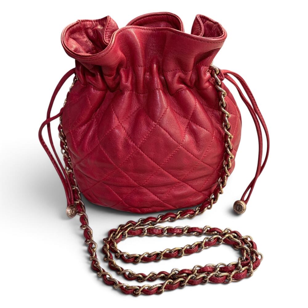 Chanel Vintage Red Lambskin Mini Drawstring Bucket Bag 24K Gold Series 0